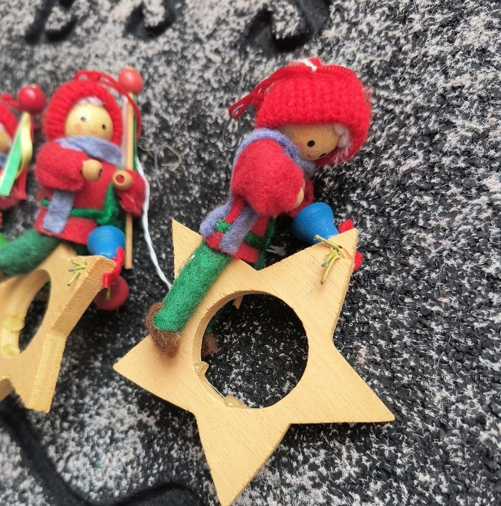 Vintage Christmas Wood Elf on Wooden Star Elf Boy Bells Stars German Erzgebirge  - Picture 3 of 6